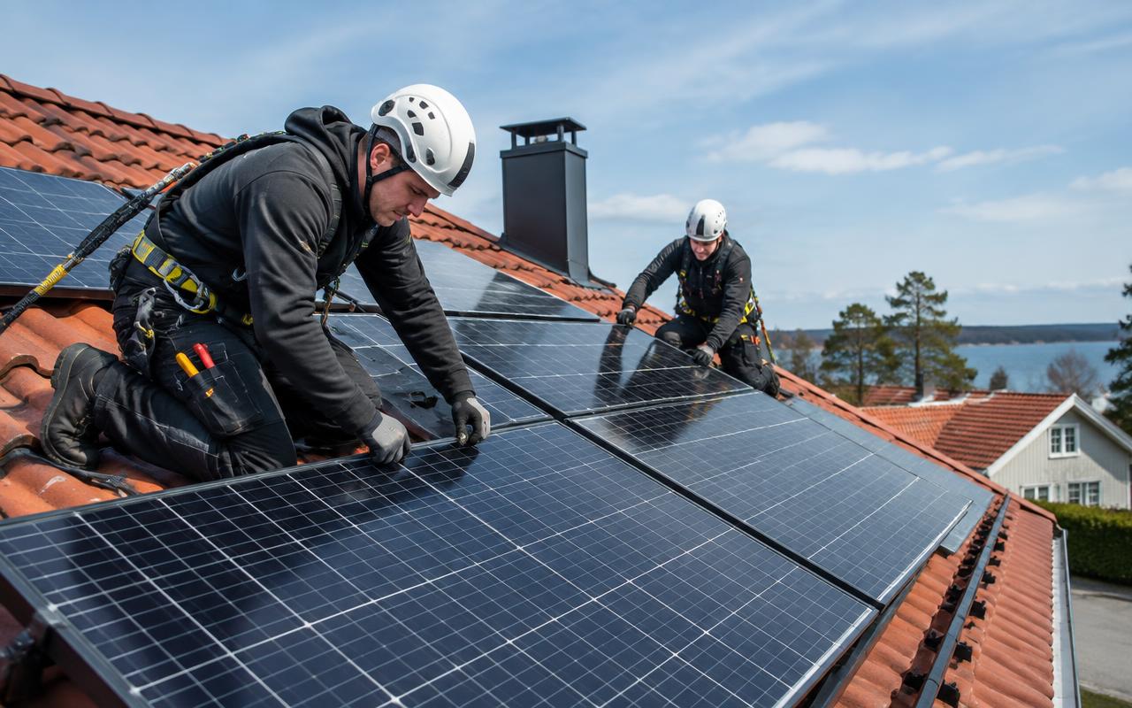 Installatörer monterar solpaneler på ett tegeltak