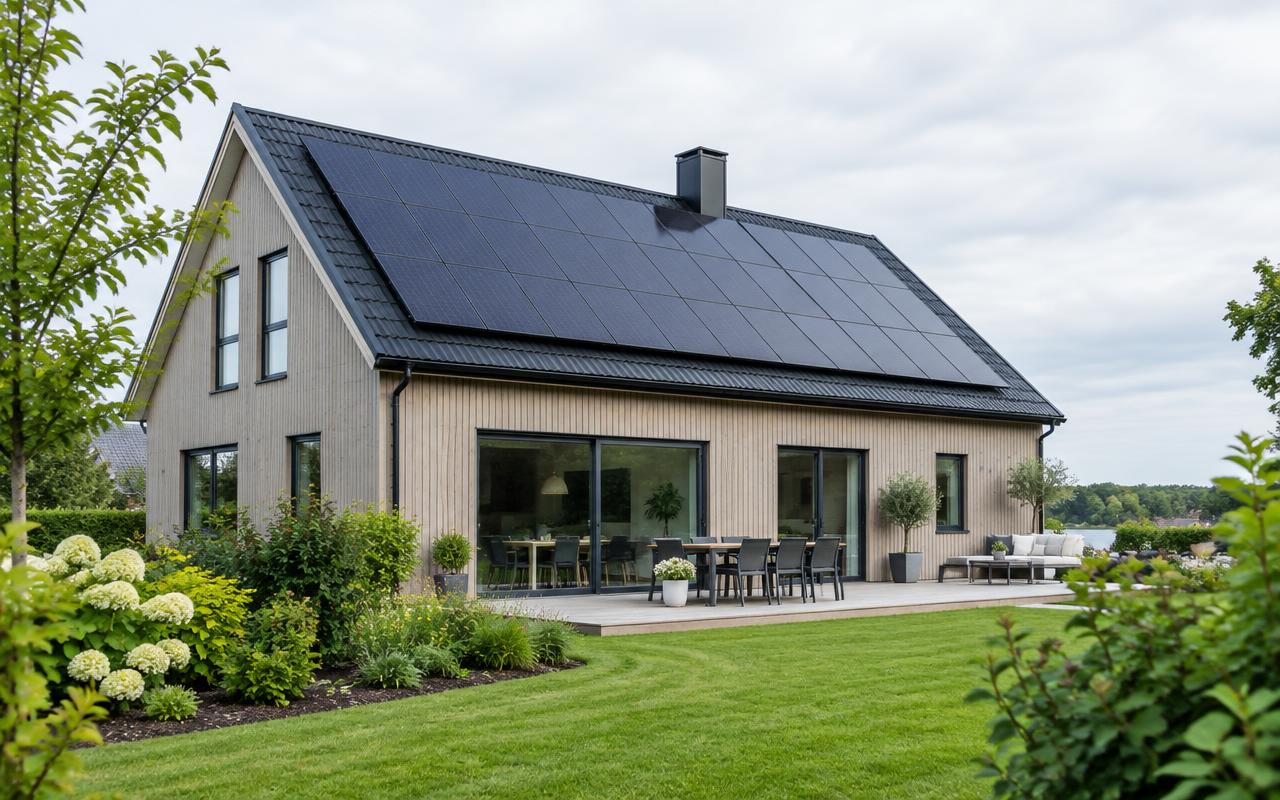 Svensk villa med solpaneler på taket